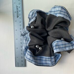 Black-grey and Blue Plaid Scrunchie with Pearls